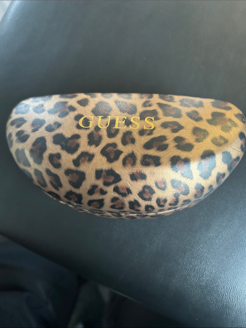 GUESS Leopard Print Sunglasses Case in Tan and Black with Gold Logo